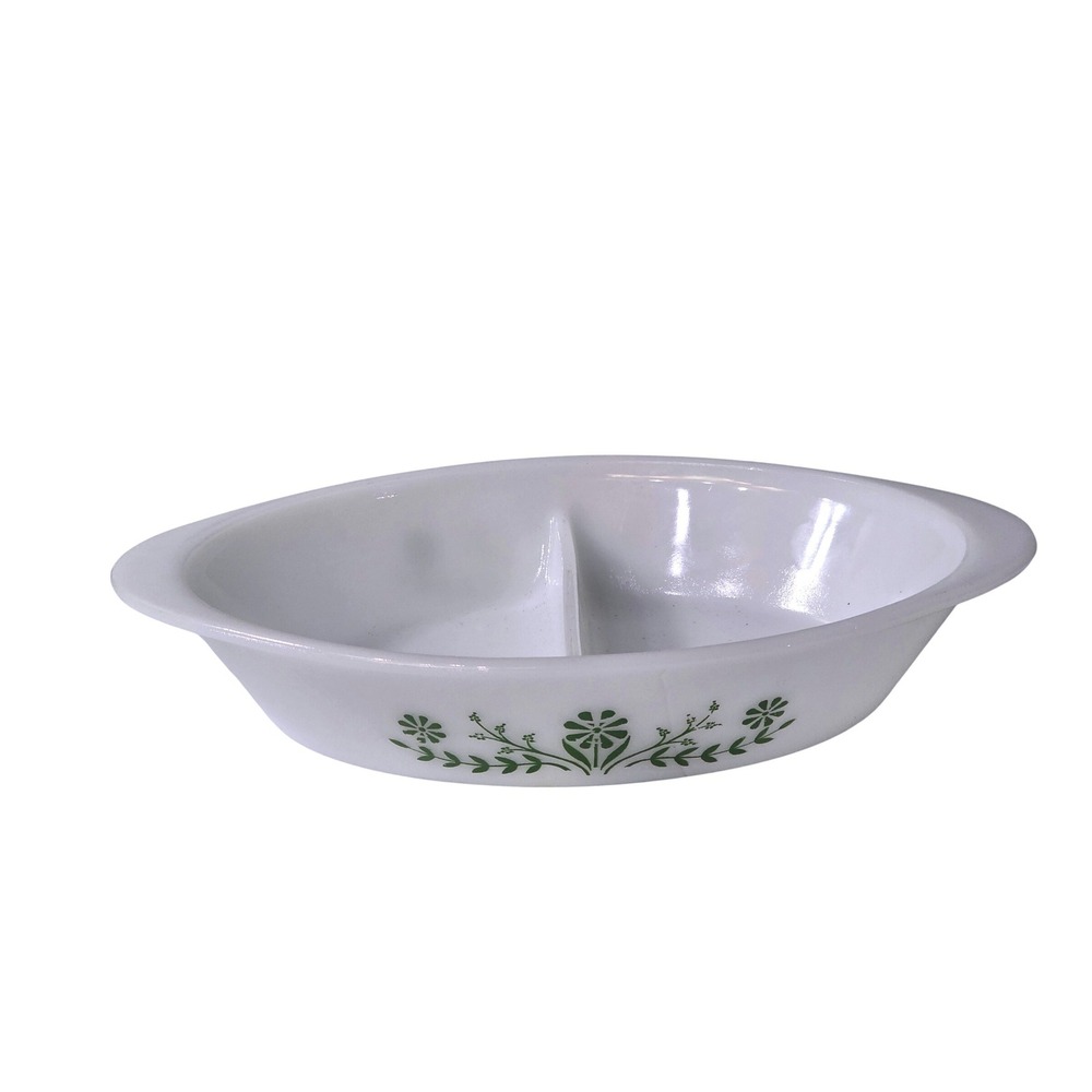 Glasbake J2352 Green Daisy Milk Glass Divided Oval Casserole Serving Dish USA